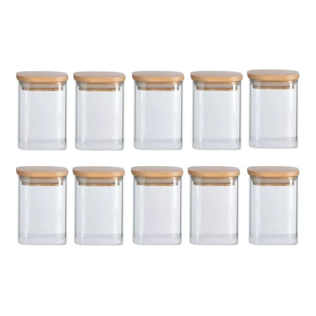Kit Pote De Vidro Hermético Quadrado 200ml ou 250 ml com Tampa de Bambu - 10 Pçs