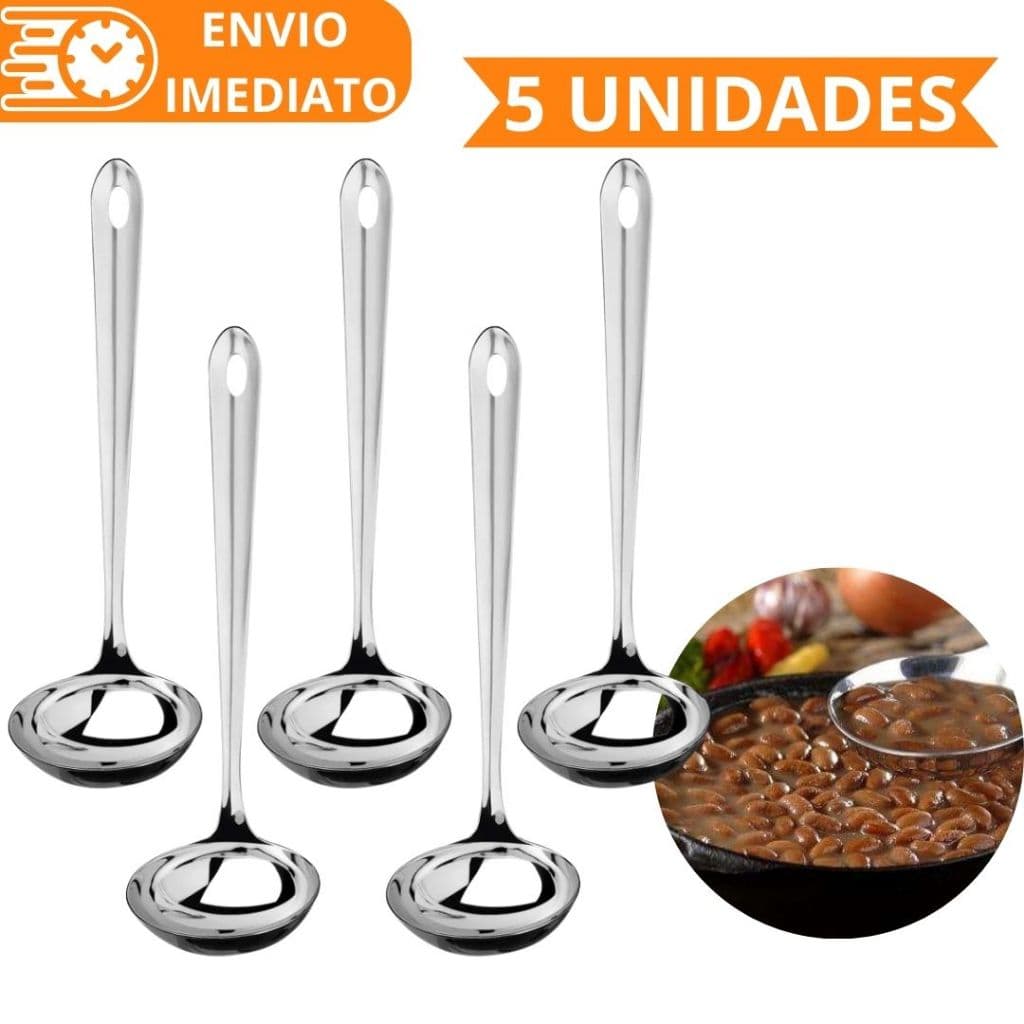 KIT 5 Concha de Feijão 100% Aço Inox GRANDE Resistente para Servir Molho Feijão Sopa para Casa Restaurante Buffet