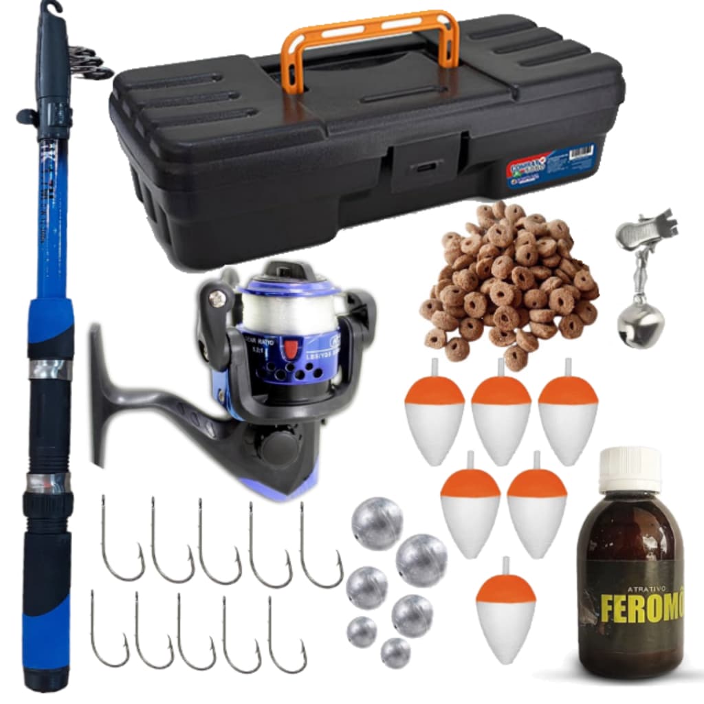 Kit Pesca Completo Com Maleta Vara Molinete Anzol Boia Chumbada Guizo Isca Furadinha e Feromonio
