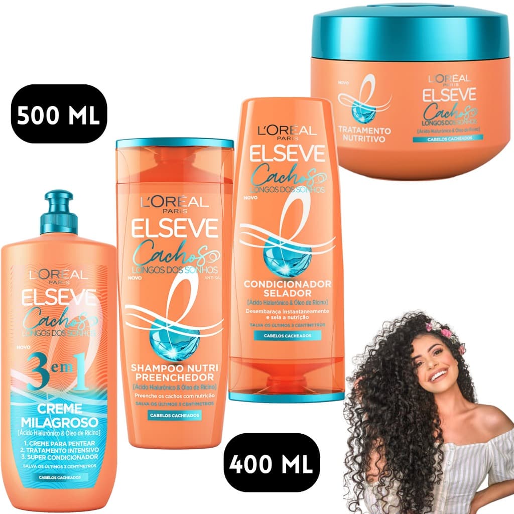 Kit Elseve Cachos Longos dos Sonhos Loreal Paris Oleo de Rícino Nutritivo Creme Milagroso Pentear