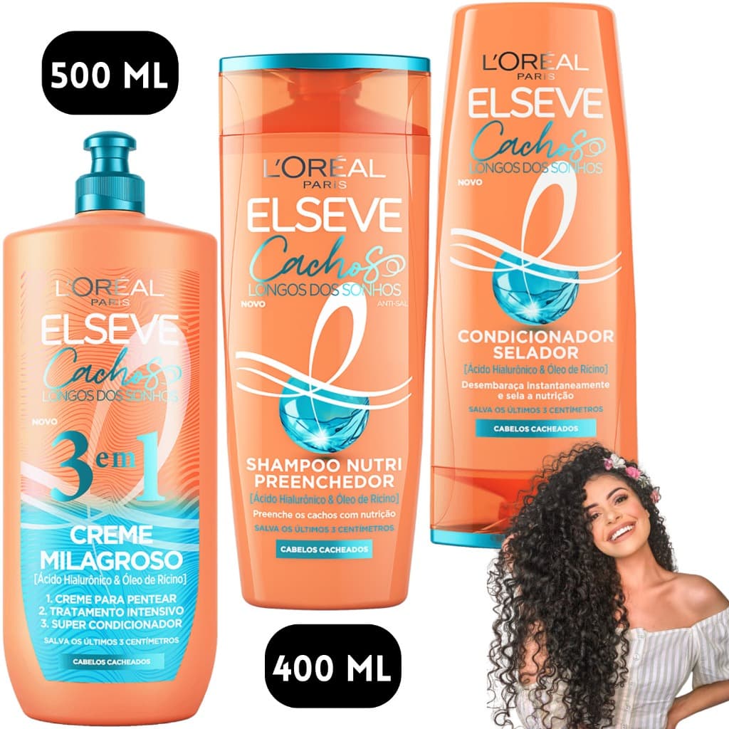 Kit Elseve Cachos Longos dos Sonhos Creme Milagroso 3 em 1 Loreal Paris 500 ML Tratamento Pentear