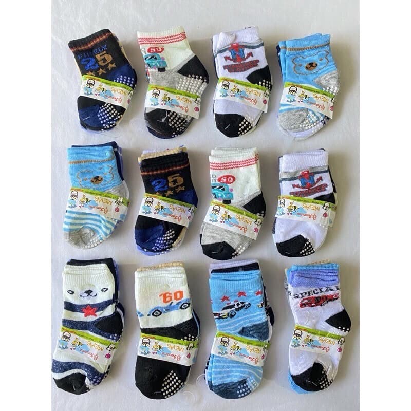 Kit 12 Pares Meia de Bebê Antiderrapante Estampadinha Masculina , 0 a 6 , 6 a 12, 12 a 24,meses