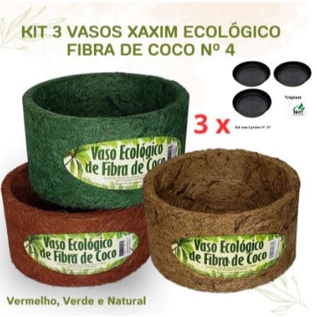 Kit 3 Vasos Xaxim Ecológico Fibra De Coco, N4 (Natural/Verde e Vermelho) c/ prato - Agrofor/Treplast