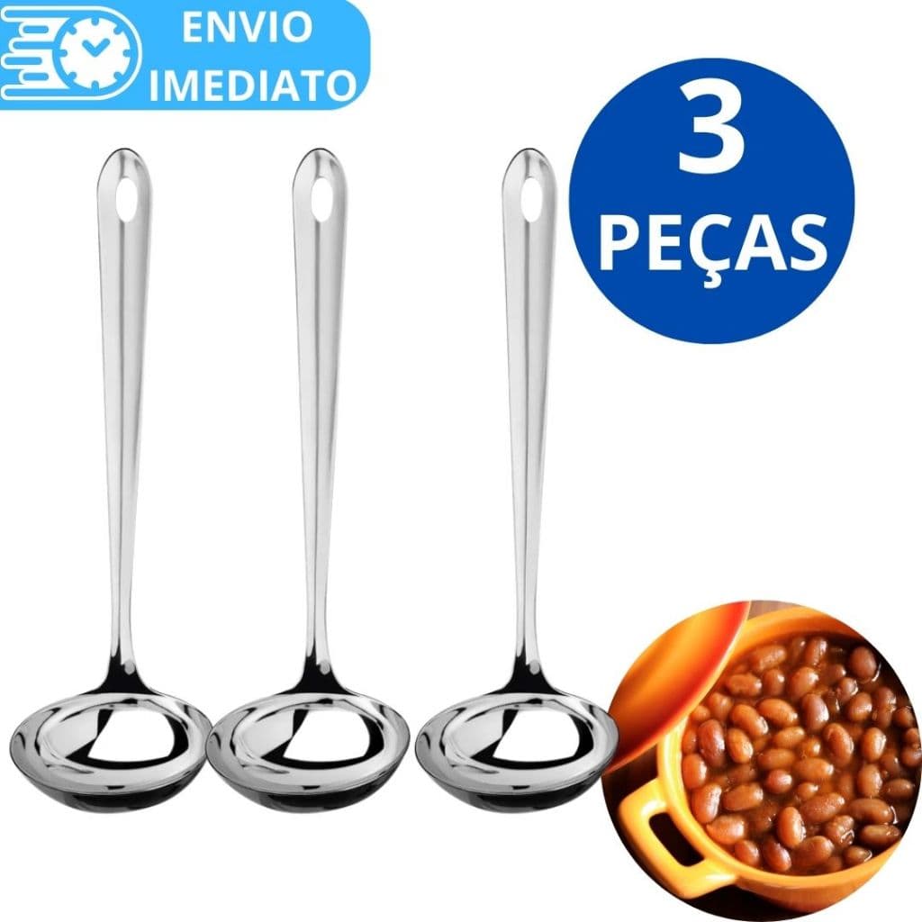 KIT 3 Concha de Feijão Aço Inox GRANDE Resistente para Servir Molho Feijão Sopa Casa Restaurante Buffet