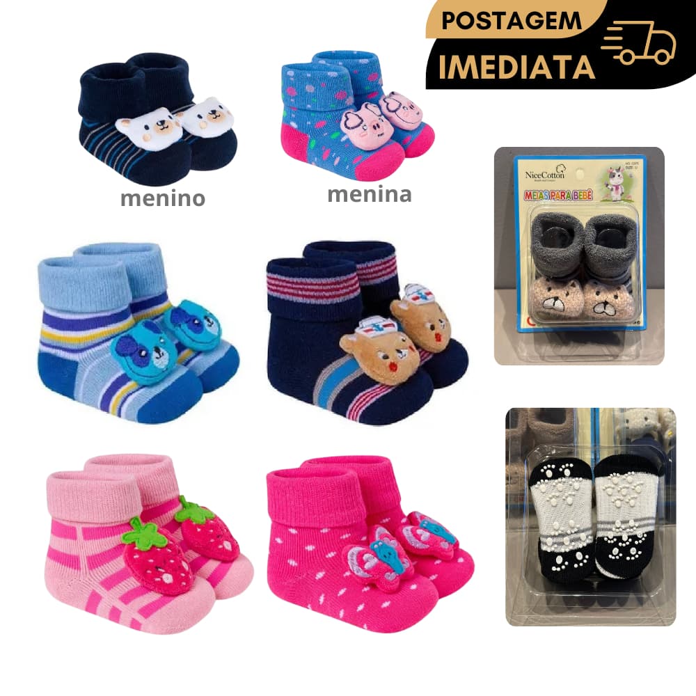 Pantufa Meia Antiderrapante Sapatinho Bebe Menino ou Menina
