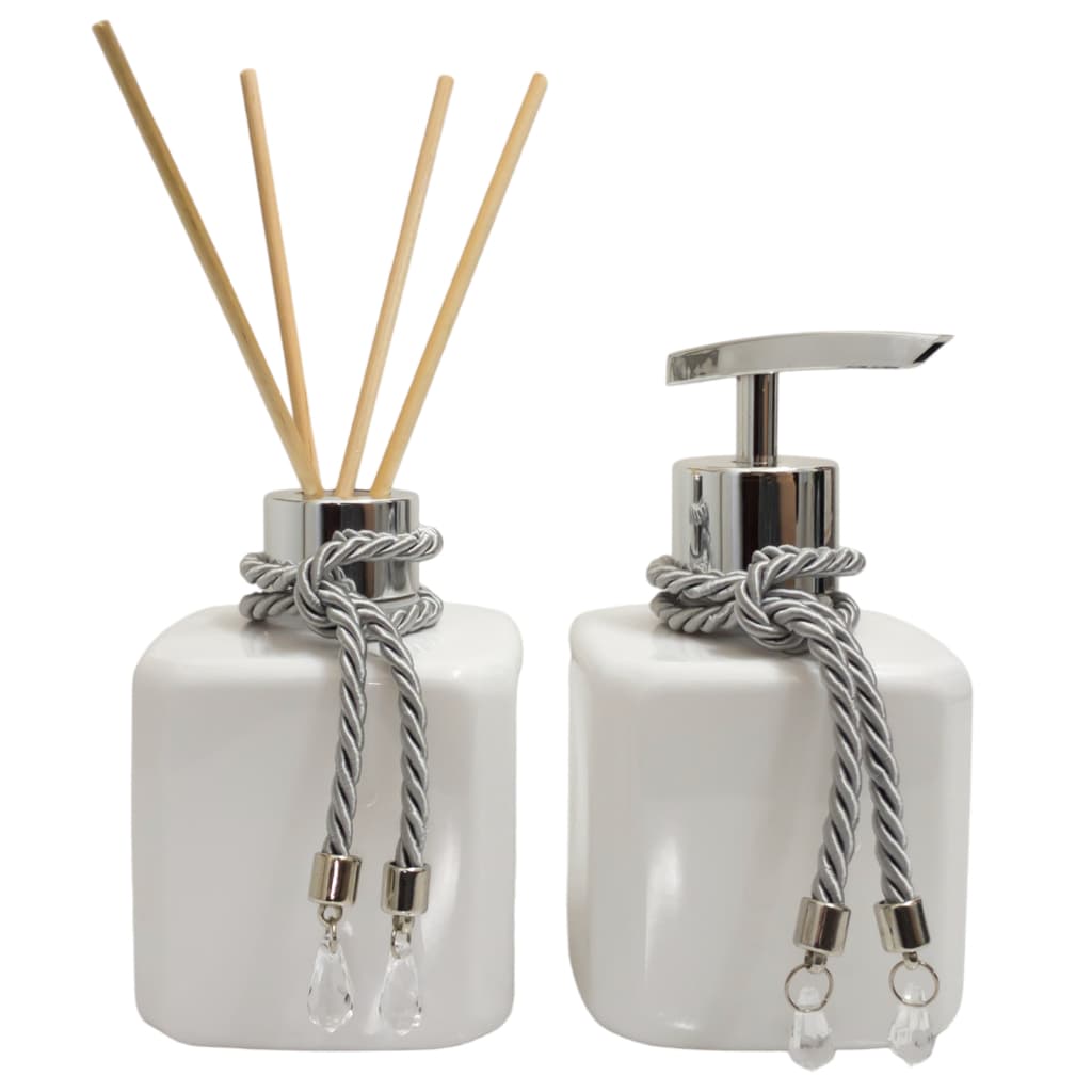 Banheiro Kit Frasco Plástico Branco Com Enfeite Prata Aromatizador de Ambiente e Saboneteira Lavabo