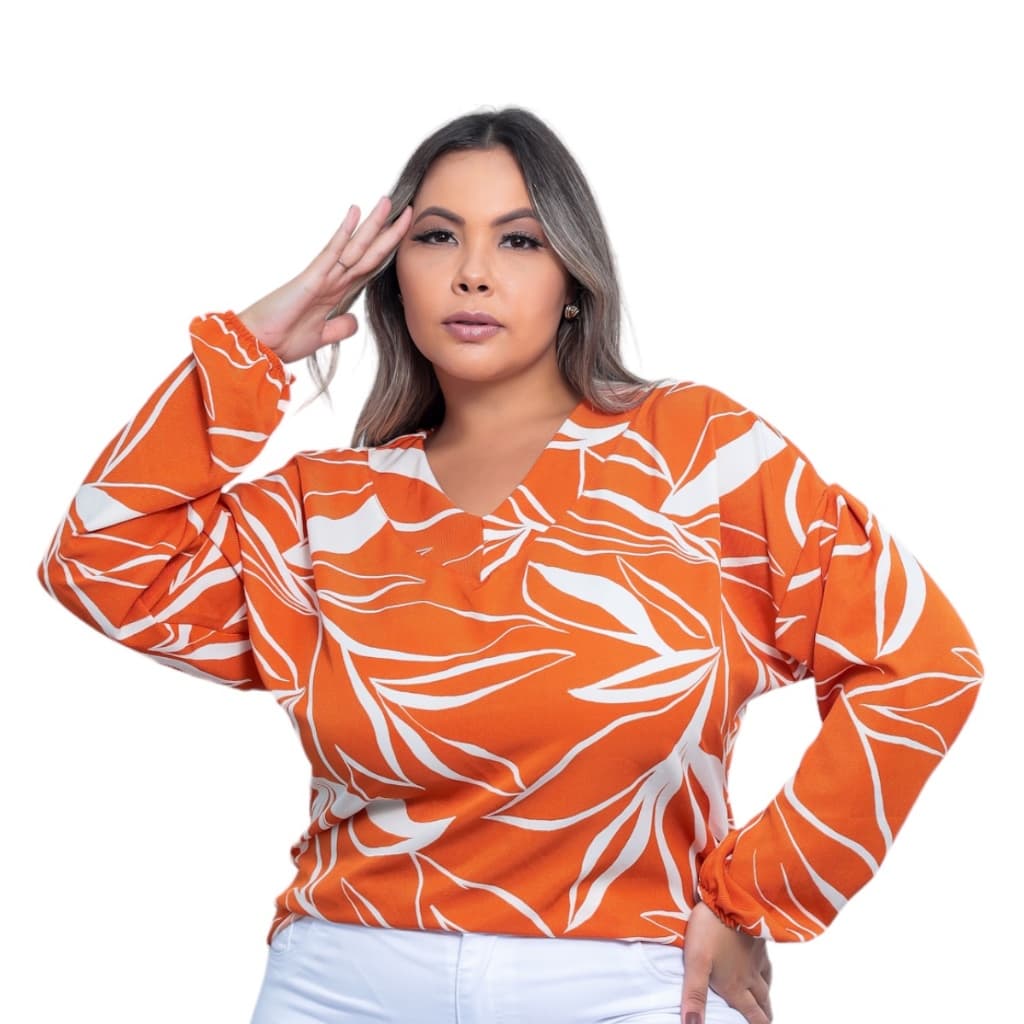 BLUSA FEMININA PLUS SIZE  DECOTE EM V - MANGA LONGA EM DUNA