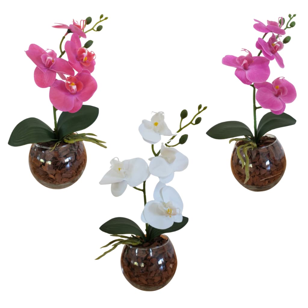 Arranjo de Orquídea Silicone P em vaso de Vidro Reforçado, Decoração Sala, Home Decor, mesa lateral - 30 CM