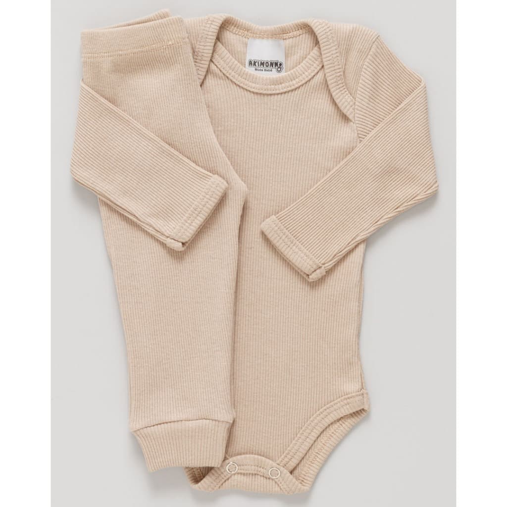Conjunto Body e Calça Antialérgico Bebê Canelado Nude 100% Algodão Premium