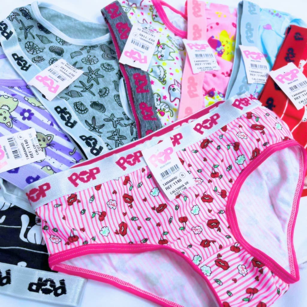 Kit c/3 Calcinha Infantil Com Elastico Exposto 100% Algodão Pop