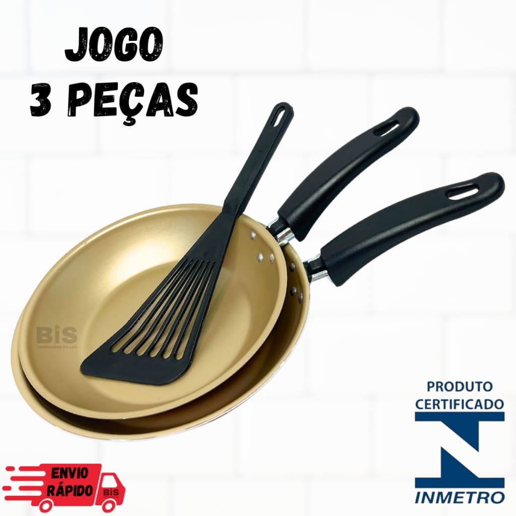 Kit Frigideira Antiaderente 3 Peças Jogo com 2 Frigideiras Teflon 20/22 Vermelha + 1 Espatula Nylon