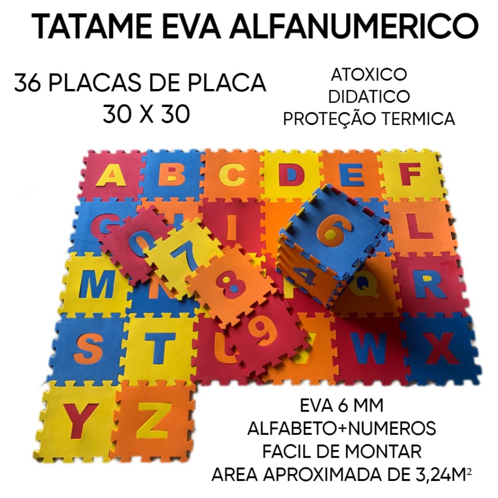 TAPETE  ALFANUMERICO INFALTIL 36 PEÇAS 30cm x 30cm ALFABETO+NUMEROS