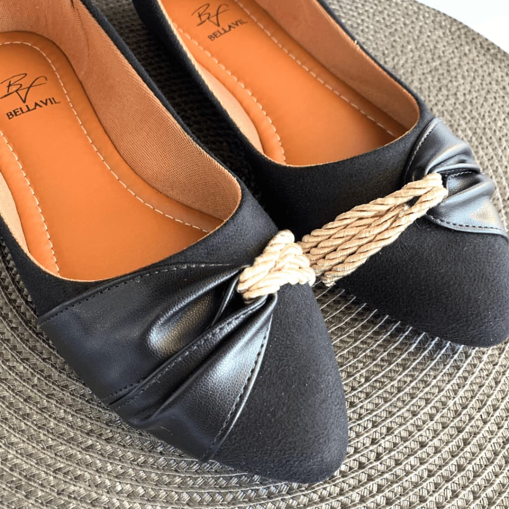 Sapatilha Feminina Confortável Bico Fino Sapatilha Preta Cordão Trançado Elegante