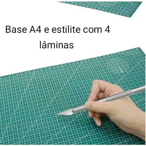 kit Estilete De Precisão Bisturi Alumínio C/ 4 Laminas e Base Para Corte De Mesa A4 Dupla Face Patchwork Artesanato
