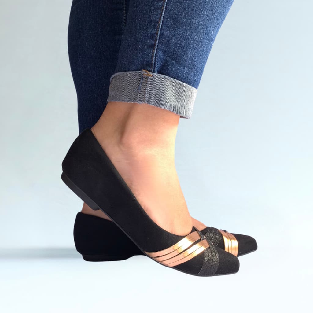 Sapatilha Feminina Confortável Bico Fino Sapatilha Preta Tiras Bronze Rose  Sapatilhas Elegante