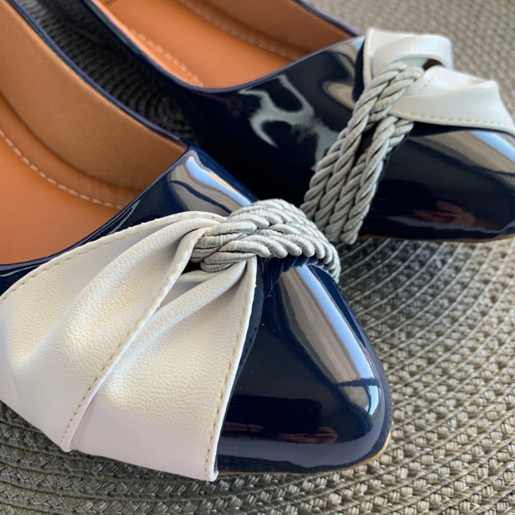 Sapatilha Feminina Confortável Bico Fino Sapatilha Azul Cordão Trançado Elegante