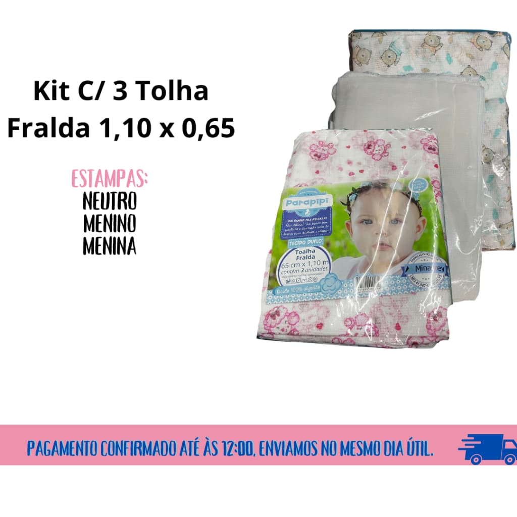 Kit com 3 toalha fralda para bebe e recém nascido - Toalha fininha ideal para forrar outras toalhas