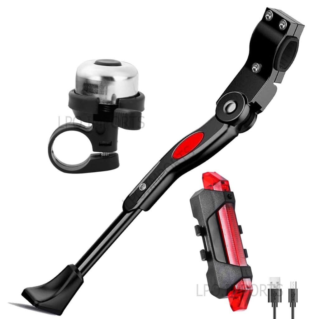 Descanso Pezinho Lateral Com Regulagem 20 Até 29 + Buzina Bike Trim Trim + Lanterna Sinalizador Traseiro Bike Bicicleta Luz De Led