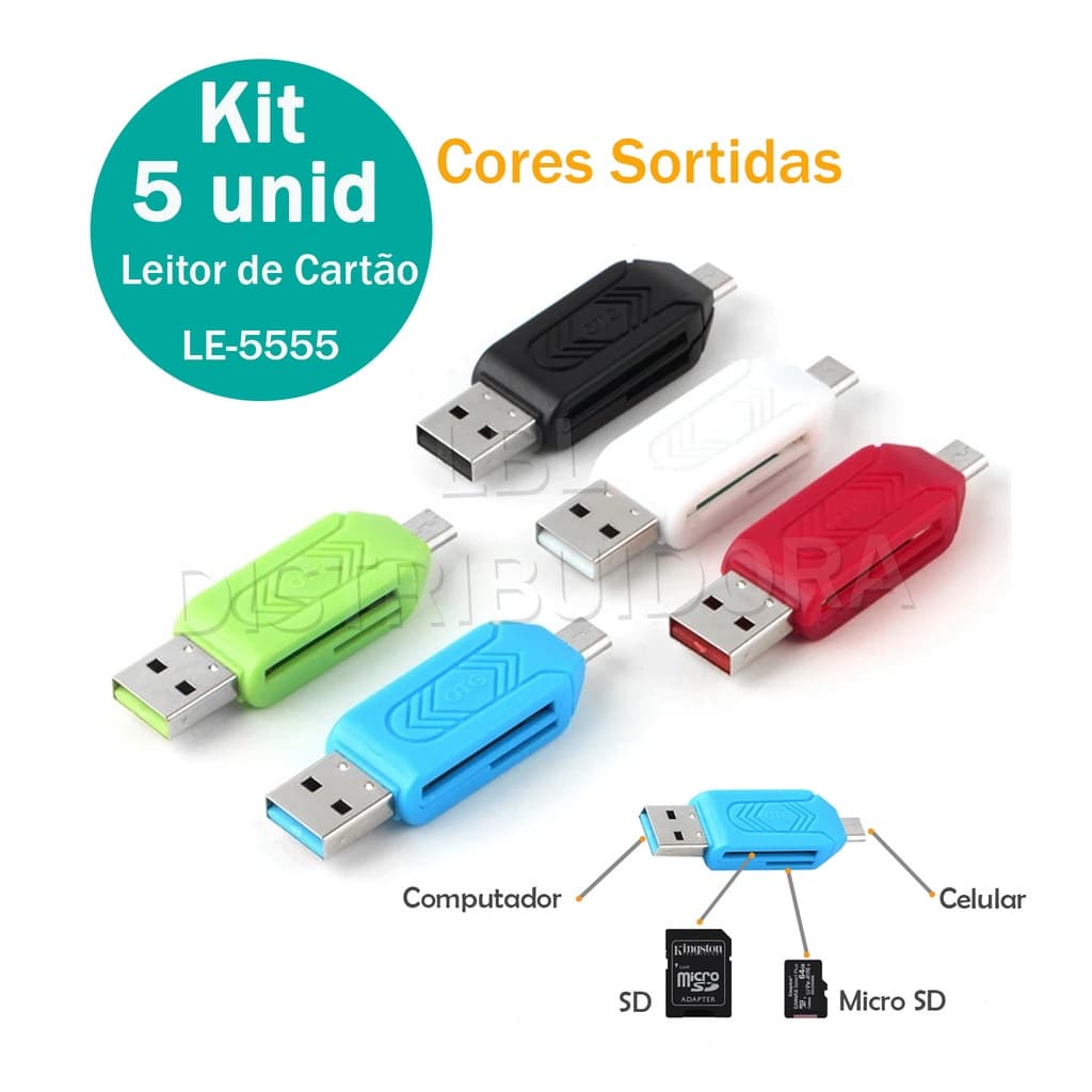 KIT 5 Adaptador Otg Leitor Cartão Micro Sd Usb Micro LE-5555