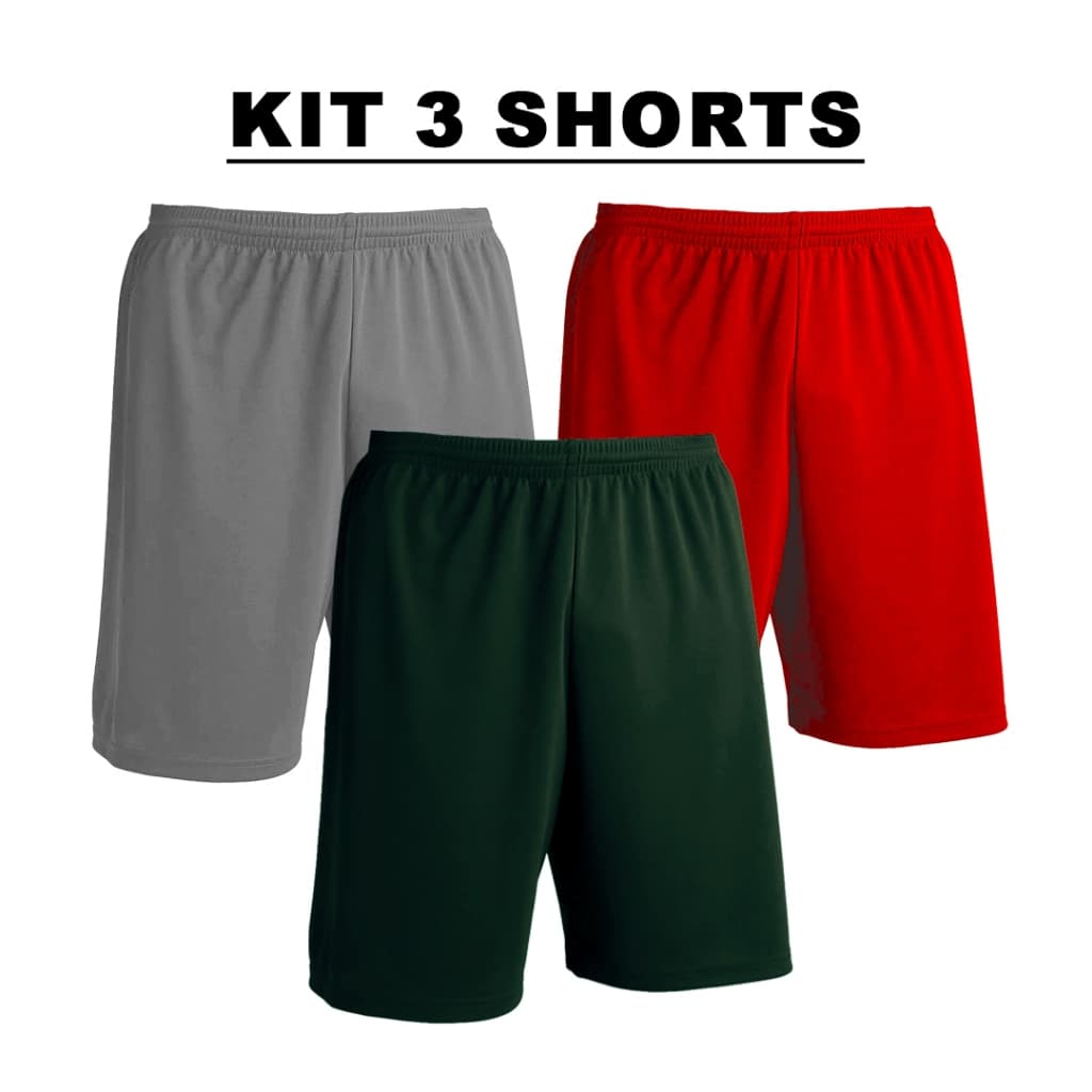 Kit com 3 Bermudas Metal + Vermelho + Cores Shorts Calção Dry Poliéster Liso