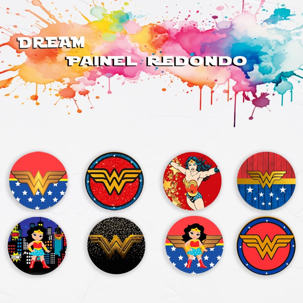Capa Para Painel Redondo Tema Mulher Maravilha Liga Da Justiça Menina Decoração Festa Malha Helanca