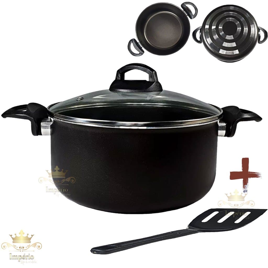 Panela Caçarola 18 cm com Tampa de Vidro Com Espátula Antiaderente 5 Camadas De Teflon Cor Preta Panela Avulsa Grande Com Utensilio