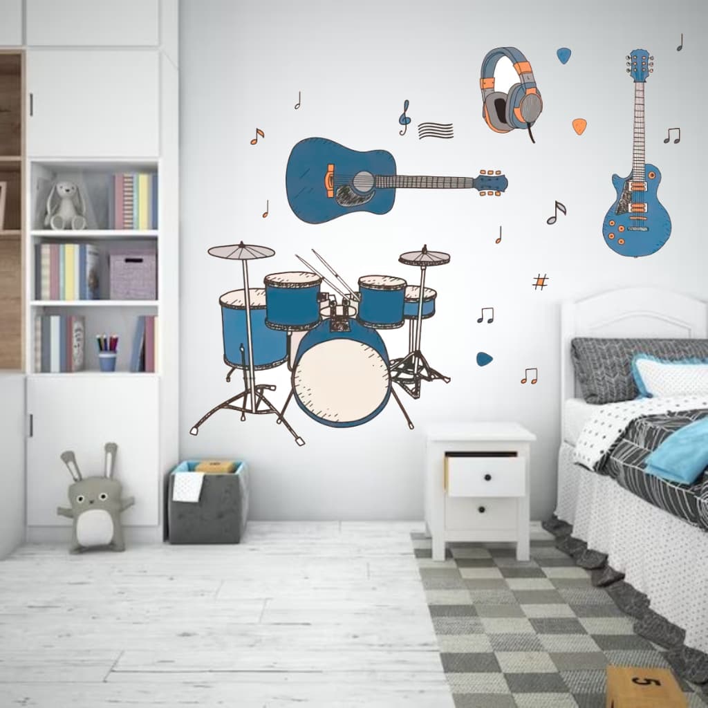 Adesivo Parede Instrumento Musical Bateria Guitarra Violão Decoração