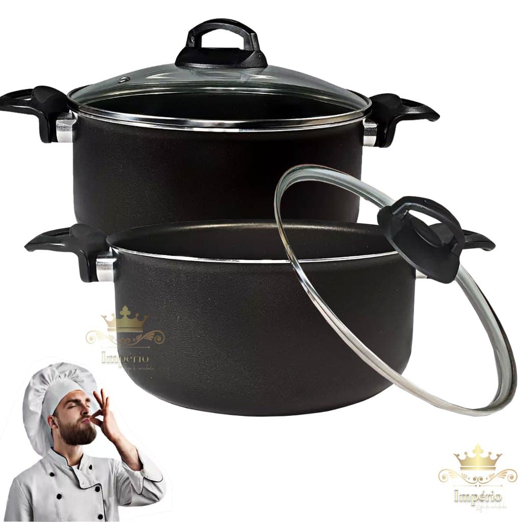 Kit 2 Panelas Caçarolas Grande 22 24cm Tampa De Vidro Antiaderente 5 Camadas Teflon Cor Preta Grafite Grossa Resistente