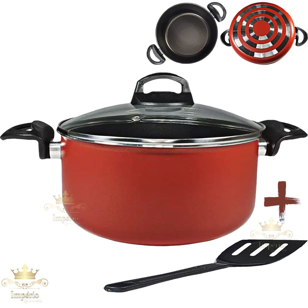Panela Caçarola Grande 24 cm com Tampa de Vidro Com Espátula Antiaderente 5 Camadas De Teflon Cor Vermelha Preta Rouge Panela Avulsa Grande Com Utensilio