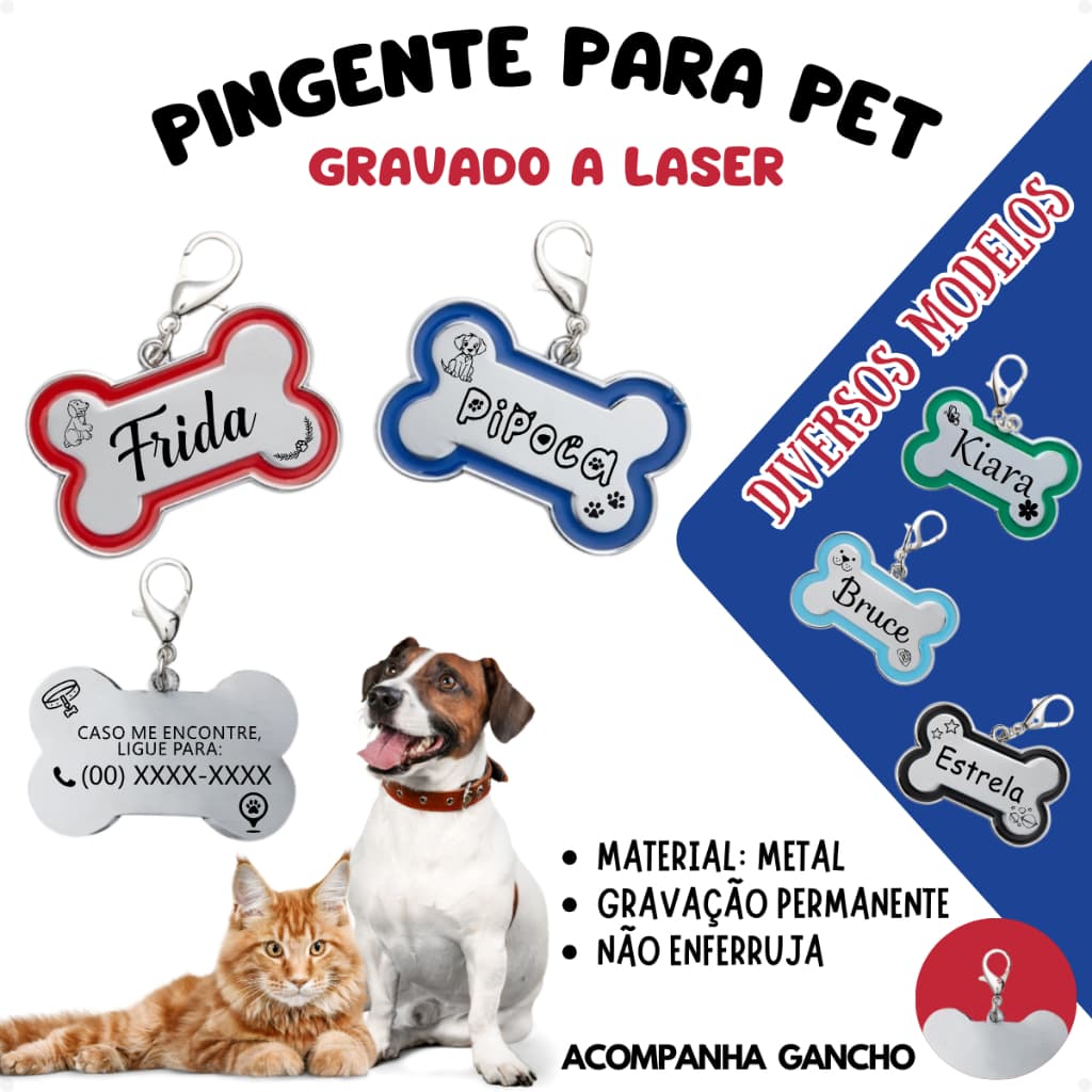 Pingente Pet com Nome Gravado Plaquinha de Identificação Personalizada Para Cachorro