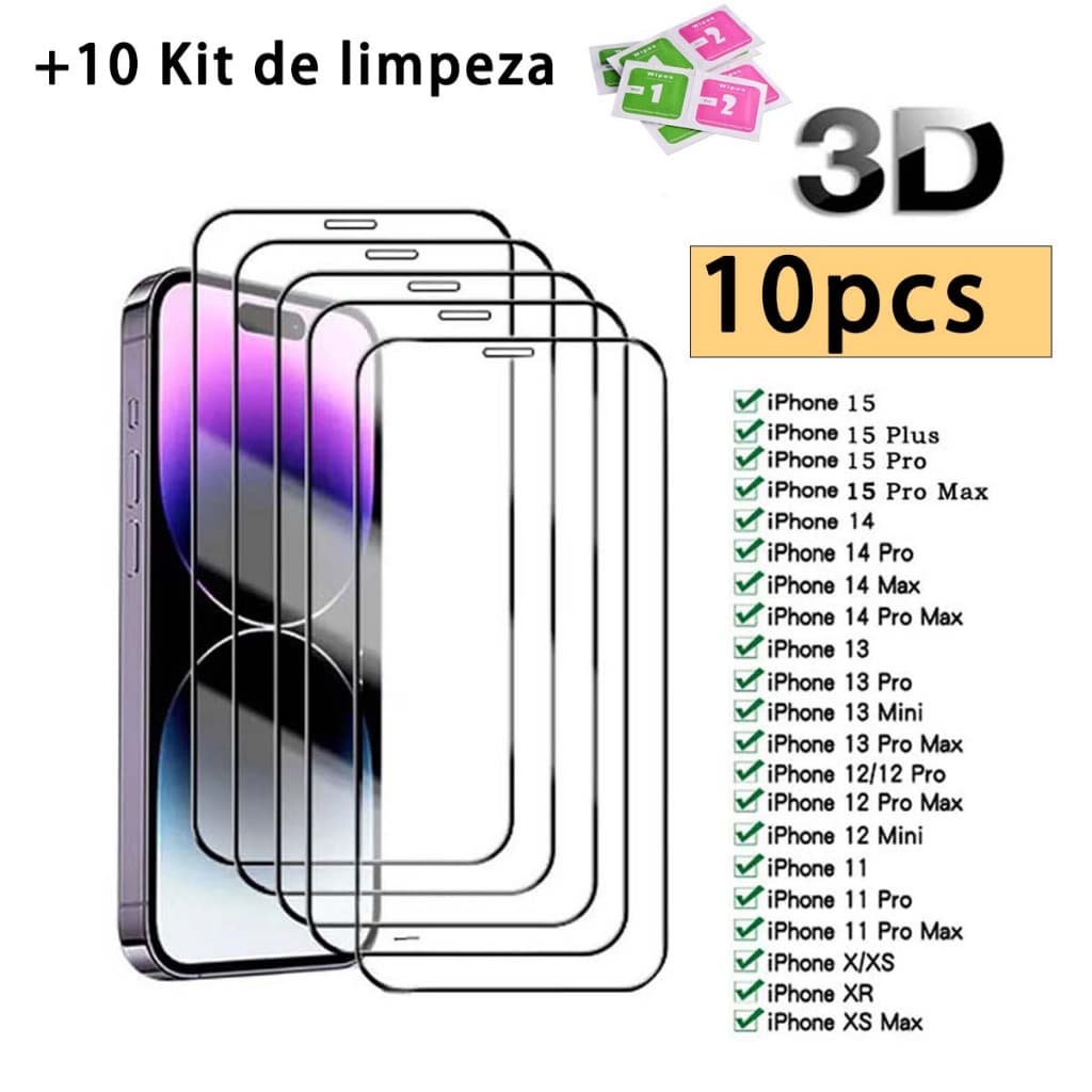 Kit 10 Película De Vidro Temperado 9H Para iPhone X Xs Xr 11 Pro Max 12 13 14 15 16 Pro Max