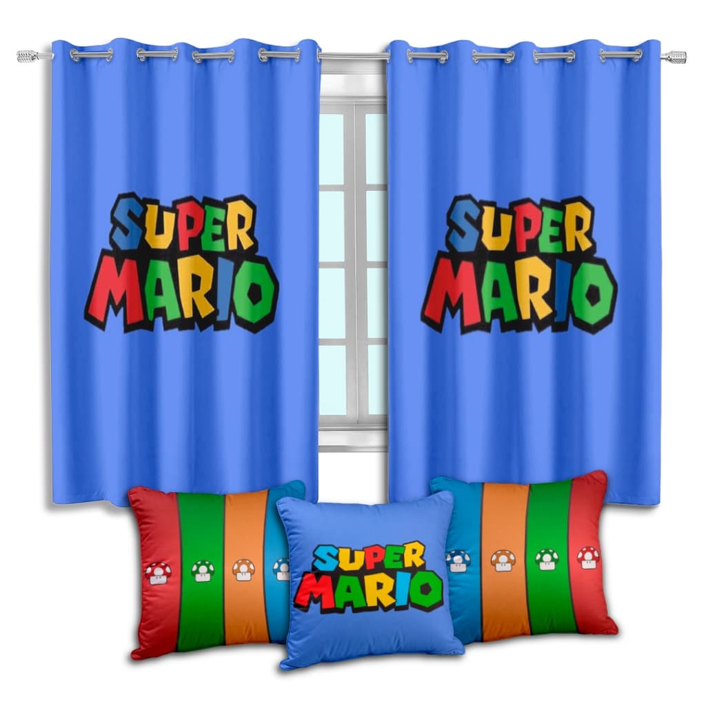 Cortina Avulsa Game Mario ou Kit Com Trio Capas de Almofadas Decoração Para Quarto Infantil Tamanhos Diversos