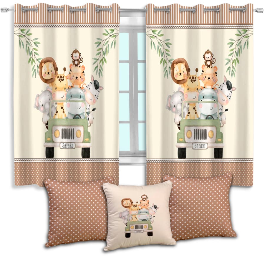 Cortina Avulsa Safari ou Kit Com Almofadas Decoração Para Quarto Infantil Tamanhos Diversos