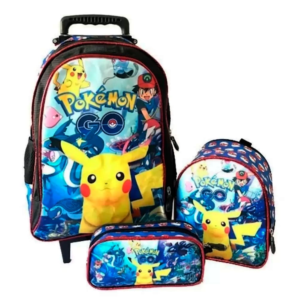 Kit Mochila Infantil com Rodinhas Pokémon + Lancheira Térmica + Estojo Escolar