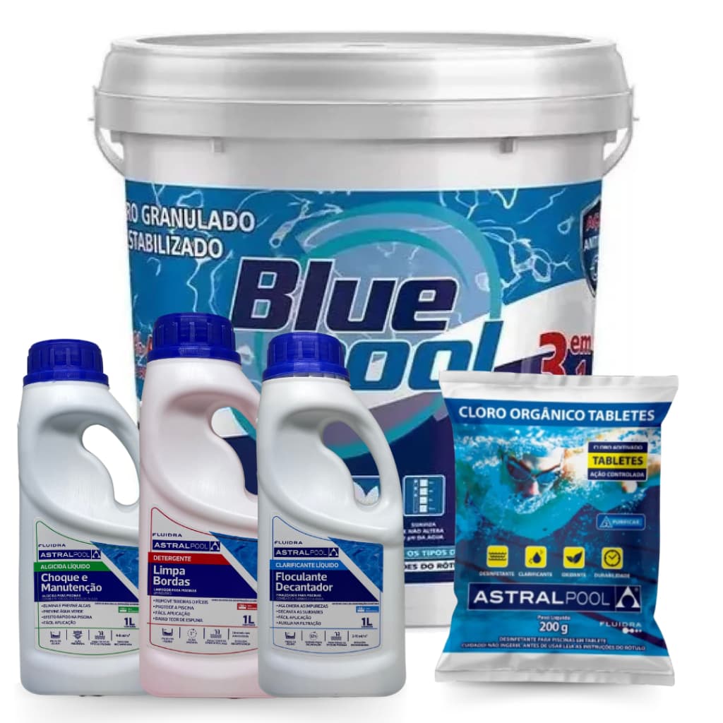 Kit Cloro Blue Pool Balde 10KG By Fluidra + 01 Tablete de Cloro 200g e Produtos Auxiliares para Limpeza de Piscina
