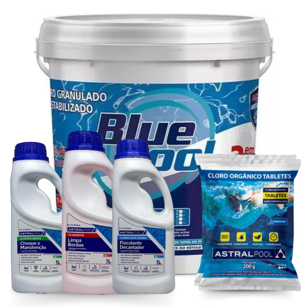 Kit Cloro Blue Pool Balde 10KG By Fluidra + 2 Tablete de Cloro 200g e Produtos Auxiliares para Limpeza de Piscina