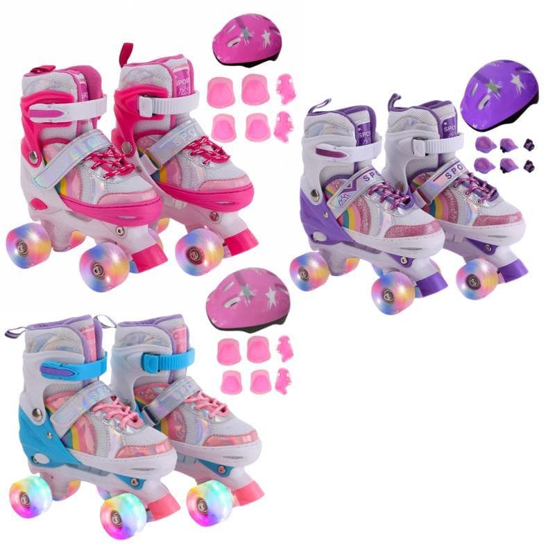 Patins 4 rodas Quad Arco Íris c/ Ajuste tamanho P, M e G, rodas Led