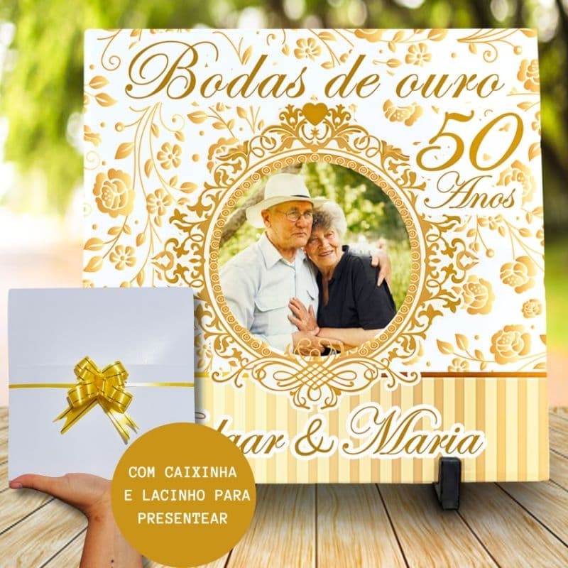 Azulejo Quadro Presente Bodas de ouro com foto 50 Anos Casados