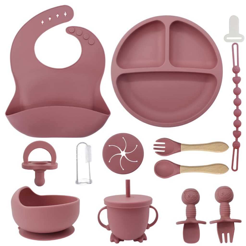 12 PCS/Conjunto Talheres do Bebê Prato De Jantar De Silicone Para Bebês Com Tigela De ventosa Sippy Cup Bibs Colher kit