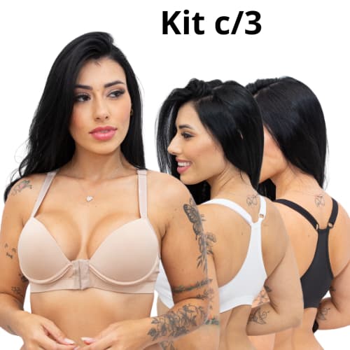 Kit 3 Sutien Reforçado Nadador de micro fibra com bojo  Fecho Na Frente Costas Nadador Fecho Frontal