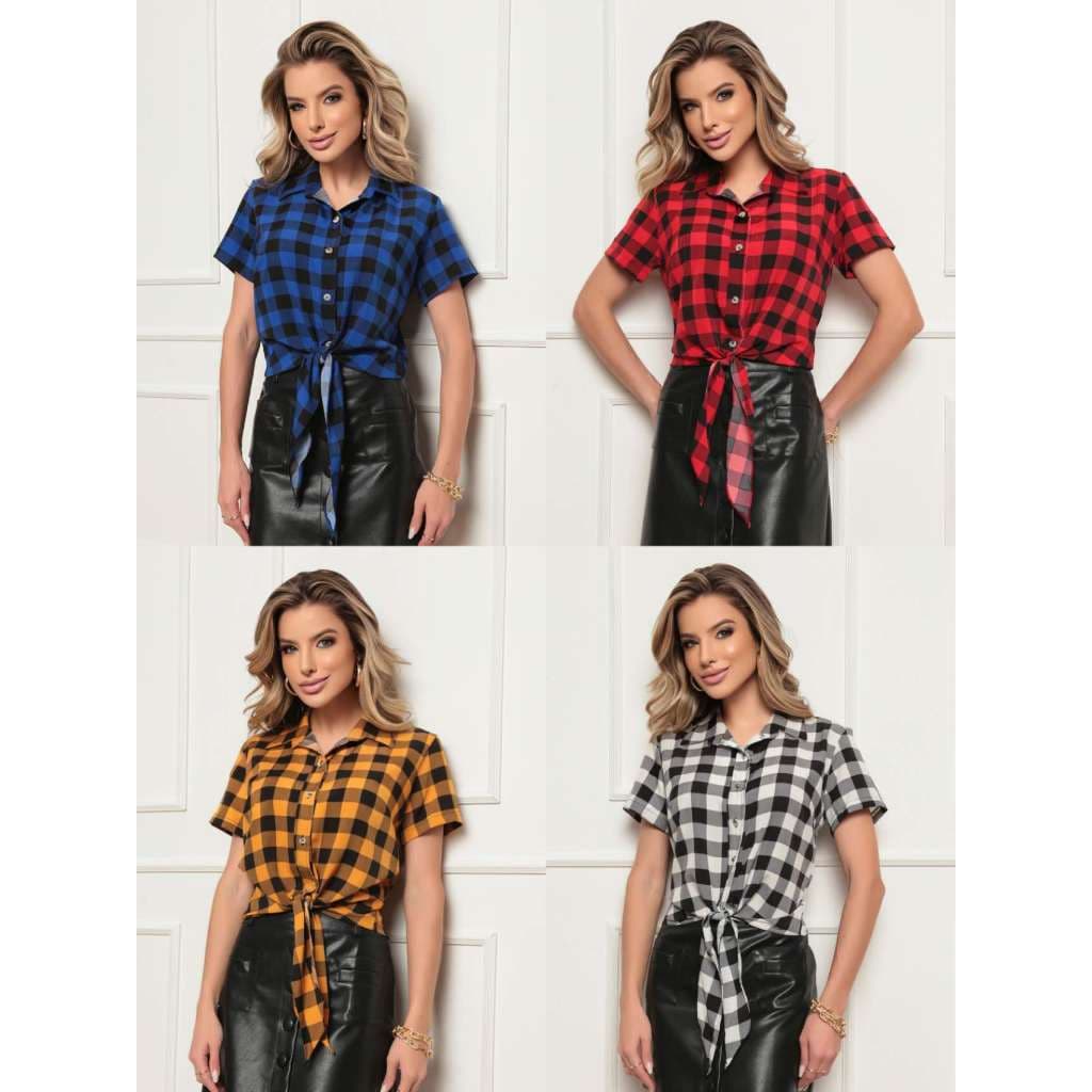 Camiseta Xadrez Feminina Festa Junina Manga Curta Cavalheira Laço de Enfeite