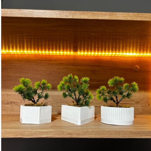 Trio de vasinhos 3D geométrico de gesso com mini árvores artificiais (Bonsai)