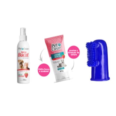 Kit Dental Pet Clean para Cães e Gatos: Spray Bucal e Creme Dental + Dedeira morango