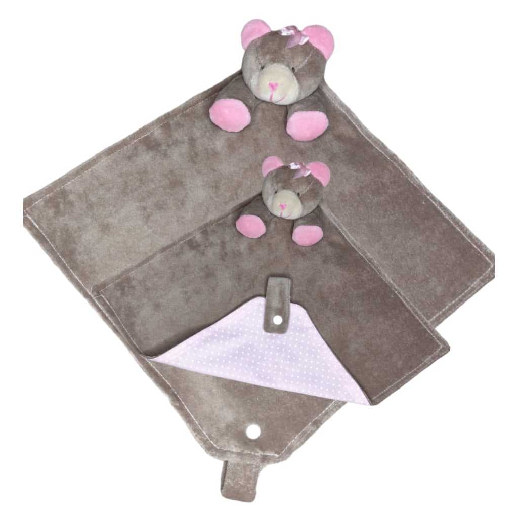 Naninha Para Bebê Com Porta Chupeta Plush Urso Poa Rosa Ursinha Naninha Infantil 100 % Algodão