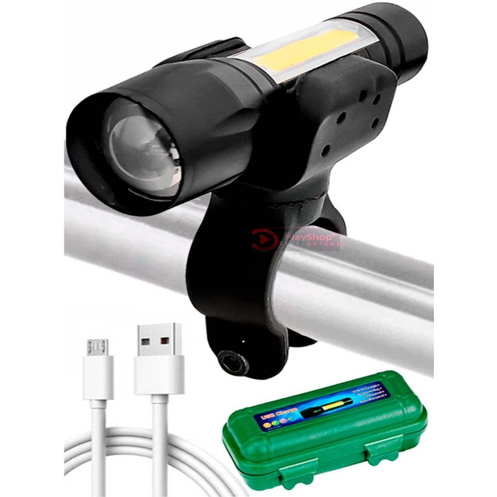 Kit Bike Farol dianteiro Lanterna LED Recarregável USB Zoom + Suporte de Lanterna Universal