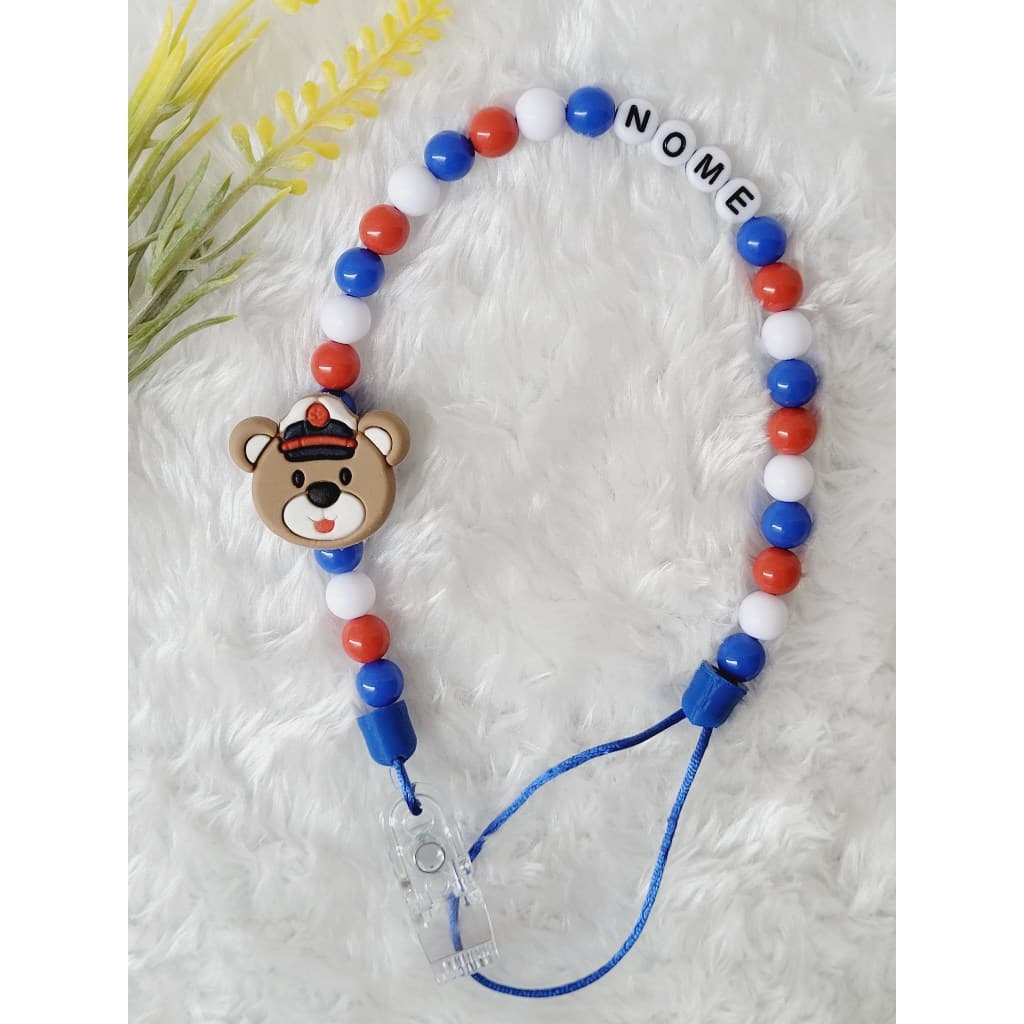 Prendedor de chupeta Ursinho Marinheiro personalizado com o nome do bebê