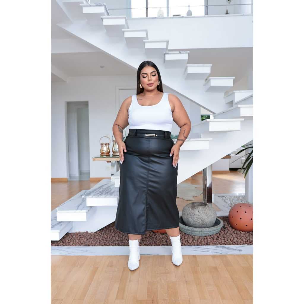 Saia Mid Courino e Fenda Plus Size