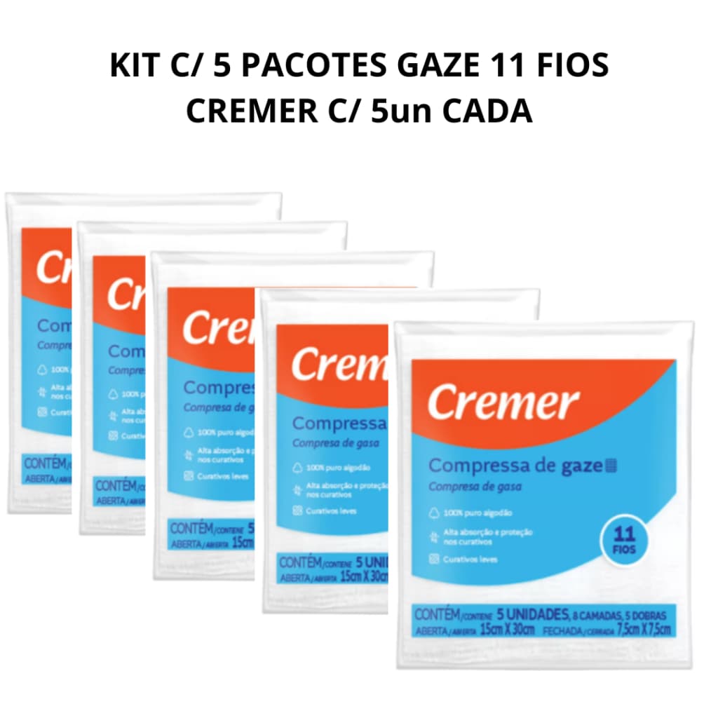 Kit Gaze Cremer 5 Pacotes de 5 unidades Compressa Gaze Cremer 11 Fios Hidrófila
