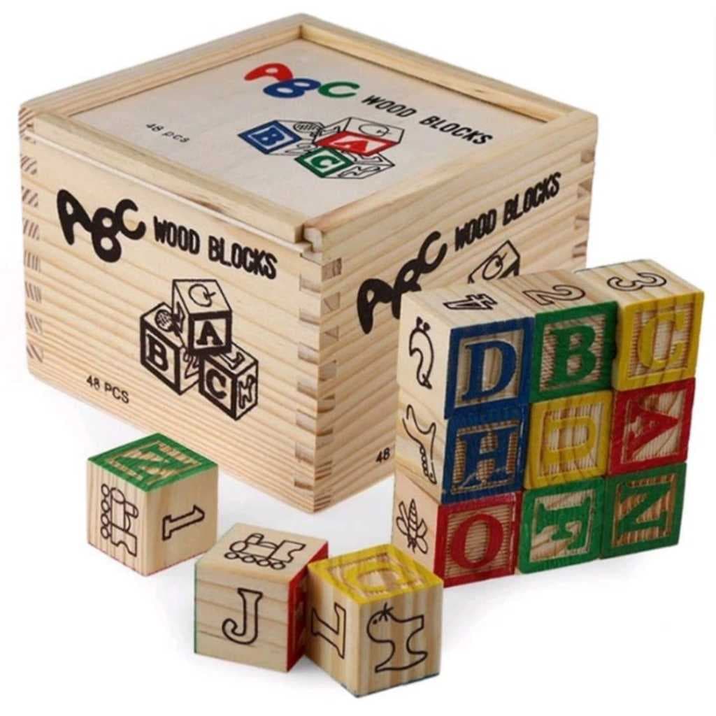 Caixa Com Blocos De Madeira Alfabetização Letras Números Imagens Educativo Didático Cubos Pedagógicos