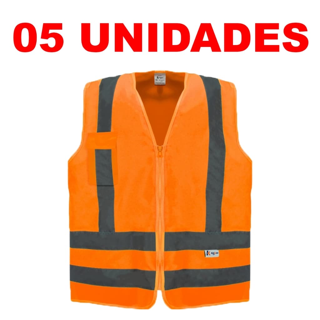 Kit 05 Coletes de Segurança Refletivo Laranja Amarelo Verde Com Bolso Sinalização EPI Faixa Refletiva Proteção Fluorescente